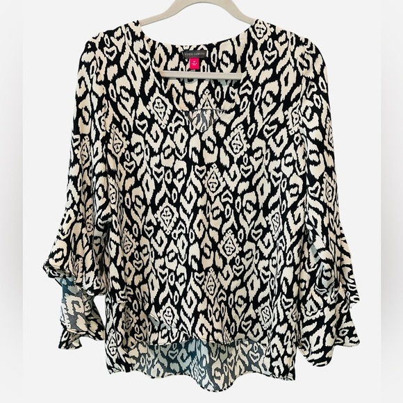 Vince Camuto Womens Pullover V-Neck Top Black Ivory Polyester Bell Sleeves Med - Picture 1 of 4